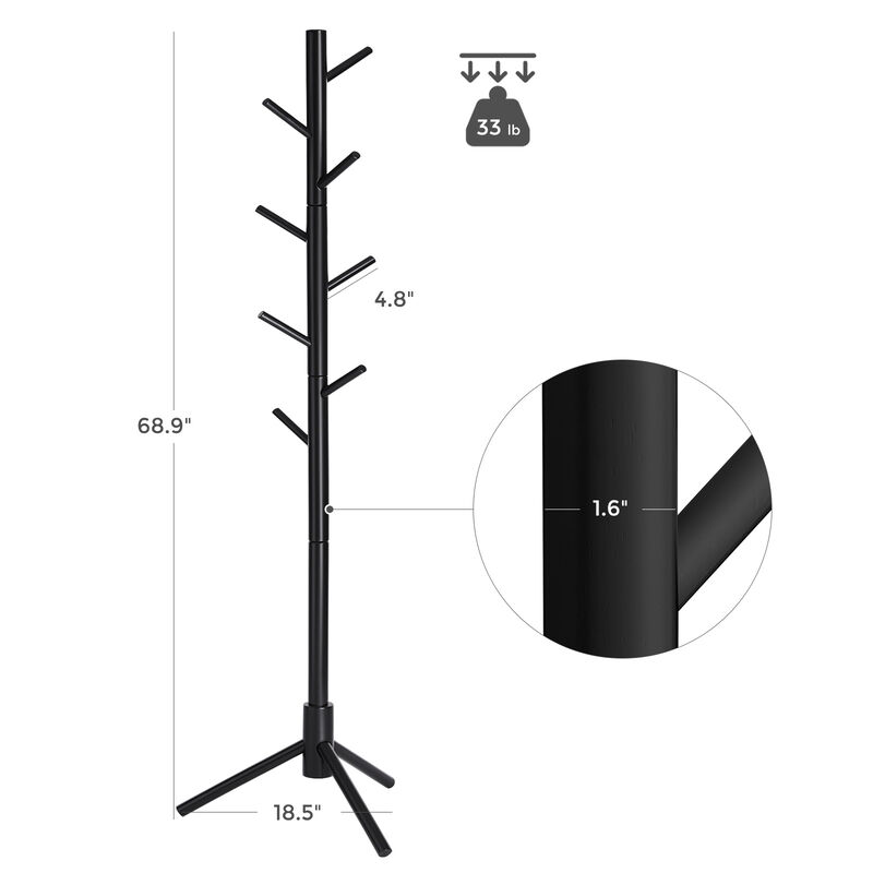 Coat Rack with 8 Hooks, Solid Wood Coat Tree Free Standing, 18.5 Inch Dia Base, for Clothes