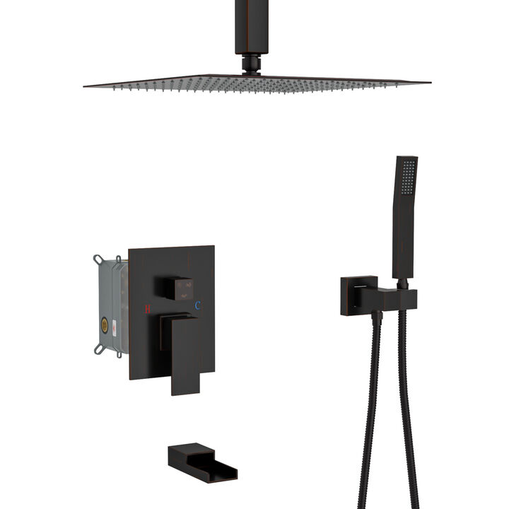 16" Rain Shower Head Systems With Waterfall Tub Spout, Oil Rubber Bronze, Ceiling Mounted Shower