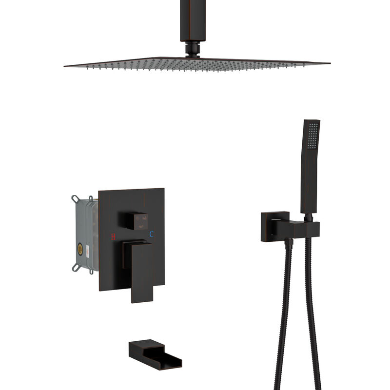 16" Rain Shower Head Systems With Waterfall Tub Spout, Oil Rubber Bronze, Ceiling Mounted Shower