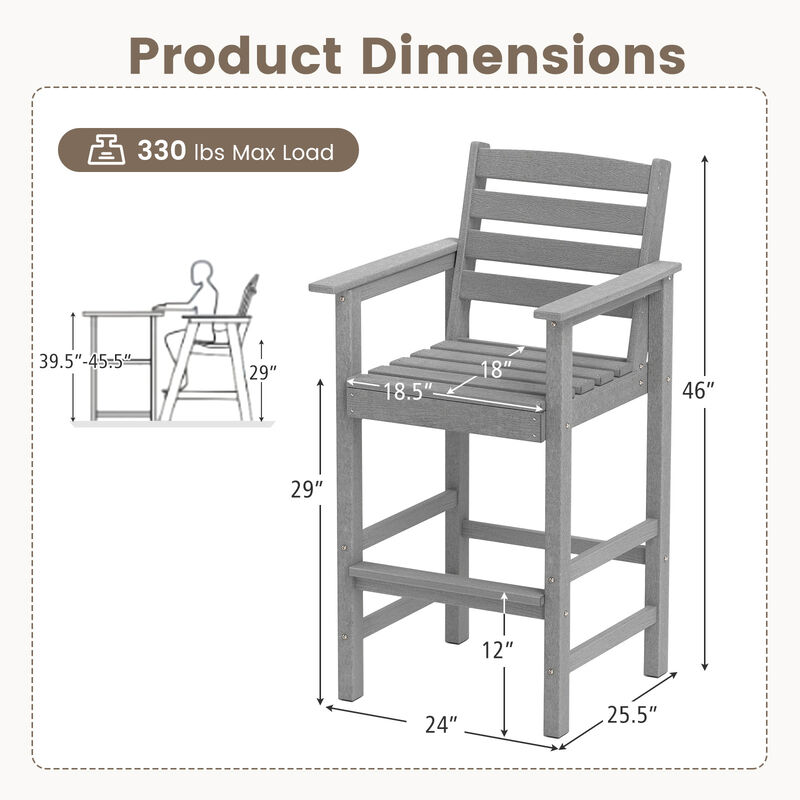 Patio HDPE Adirondack Bar Chairs Set of 2 with Wide Armrests