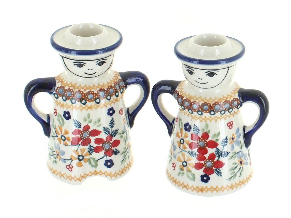 Blue Rose Polish Pottery Sunflower Lady & Man Candlestick Holders