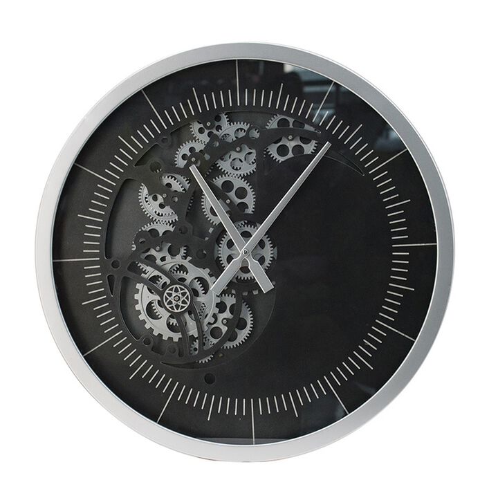 Reny 23 Inch Wall Clock, Decorative Gear Design, Round, Silver, Black Iron - Benzara