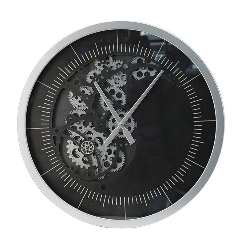 Reny 23 Inch Wall Clock, Decorative Gear Design, Round, Silver, Black Iron - Benzara