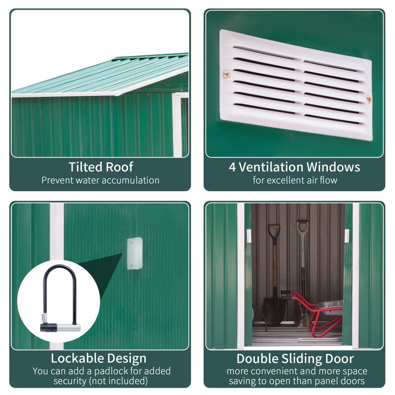 Green Garden Storage: 7'x4' Steel Shed with Sliding Doors & Vents