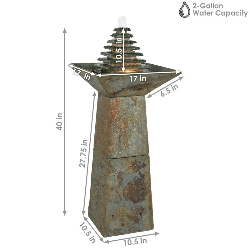 Sunnydaze Layered Slate Pyramid Water Fountain with LED Lights - 40 in