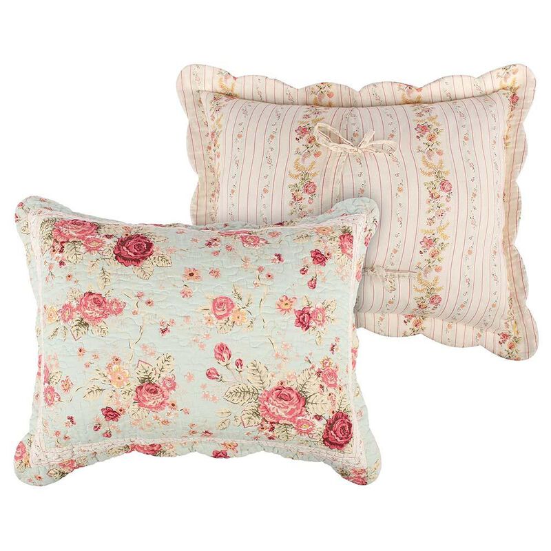 Greenland Home Antique Rose Floral Pinstripe with Dainty Scrolling Embellishments Sham Standard Blue