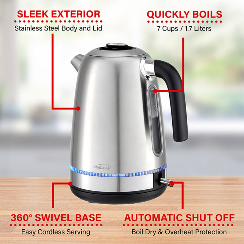 Brentwood 1500 Watt Stainless Steel 1.7 Liter Cordless Electric Kettle in Silver