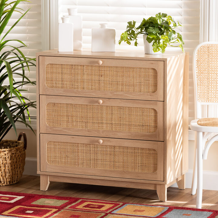 Baxton Studio Elsbeth Japandi Oak Finished Wood and Natural Rattan 3 Drawer Storage Cabinet