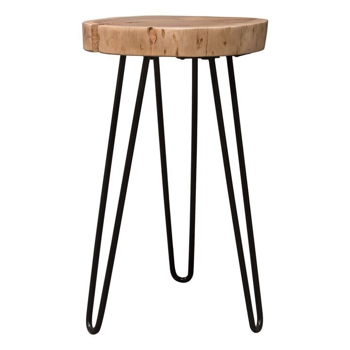 23 Inch Side End Table, Hairpin Legs, Natural Brown Acacia Wood, Black Base - Benzara