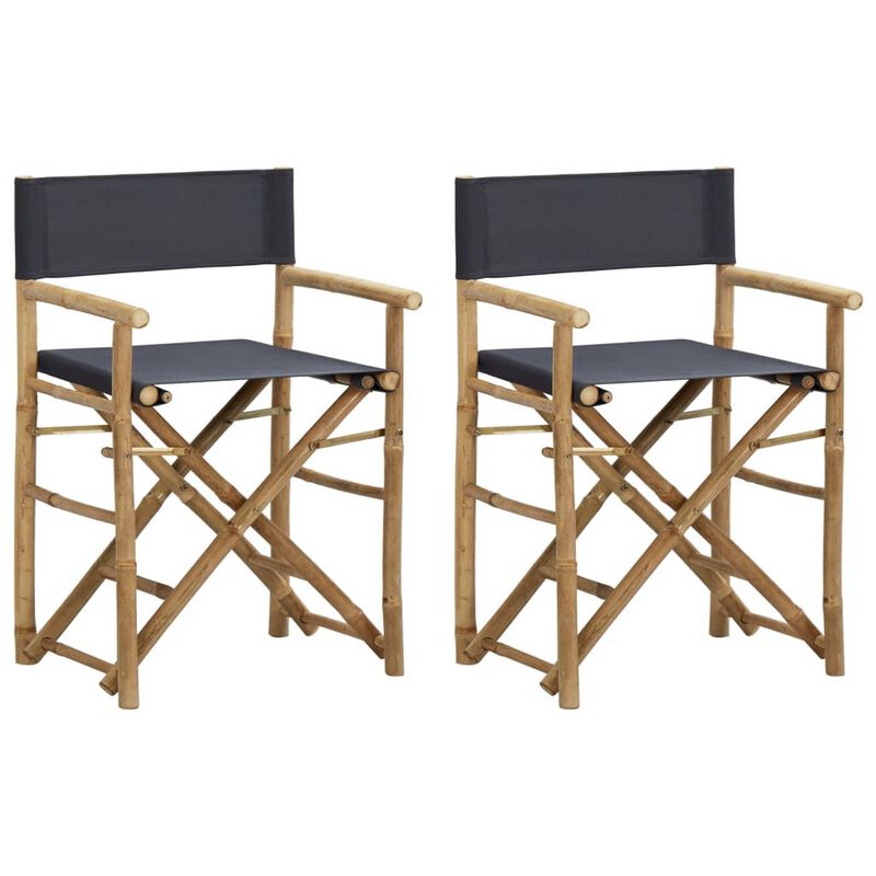Folding Director's Chairs Set of 2, X Shape Base, Bamboo, Dark Gray - Benzara