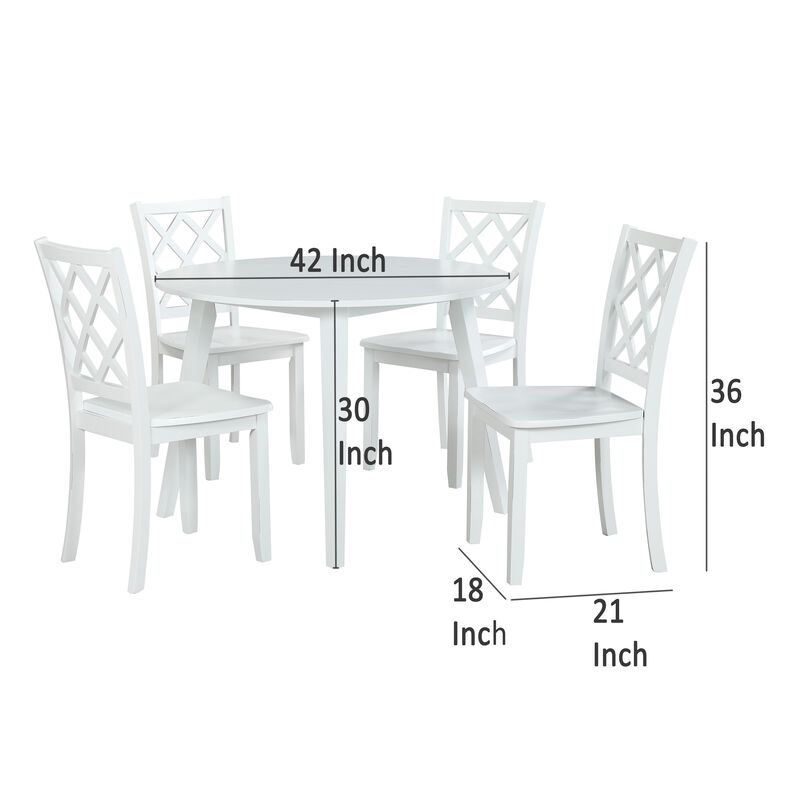 Ava 5pc Dining Table Set, 42in Round White Rubberwood, Diamond Trellis - Benzara