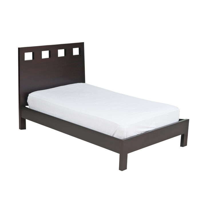 Yee King Size Platform Bed, Cut Out Panel Headboard, Espresso Brown Wood - Benzara