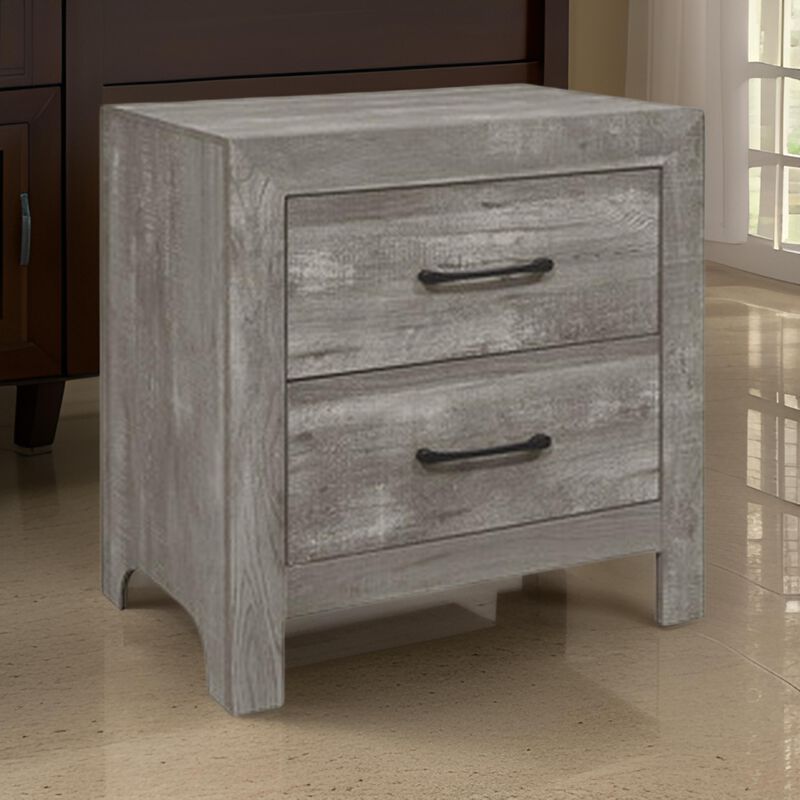 Adia 24 Inch Classic 2 Drawer Nightstand, Metal Handles, Rustic Gray Finish-Benzara