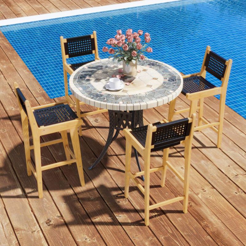 Hivvago 30 Inch Rattan Teak Wood Bar Stool with Backrest and Footrest