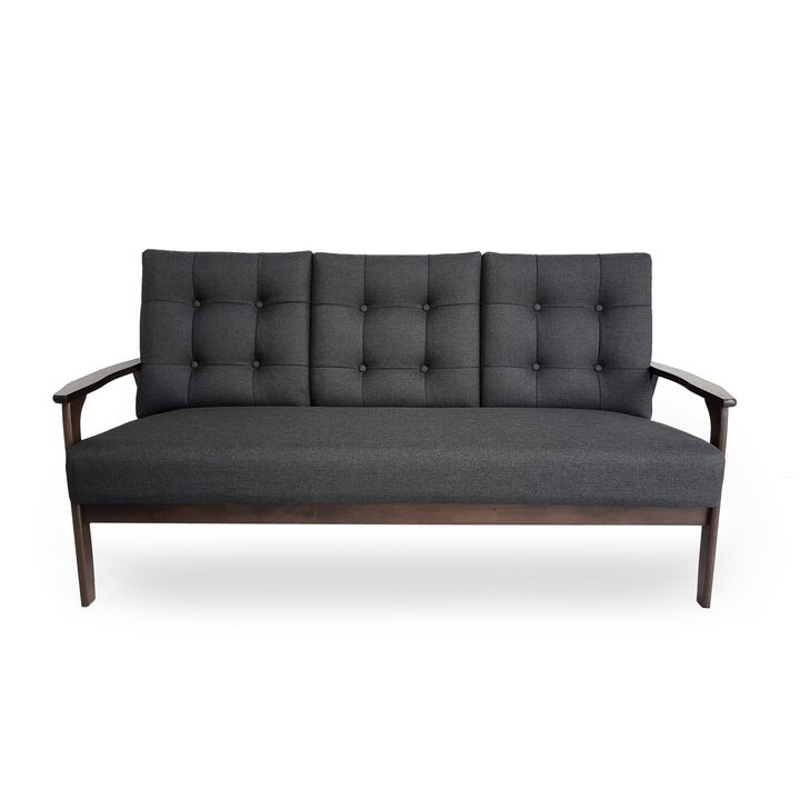Sofa, 66 Inch, Button Tufted Design Dark Gray Fabric, Birch Wood - Benzara