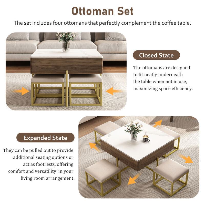 Merax Modern Square Lift-Top Coffee Table with 4 Ottomans Set