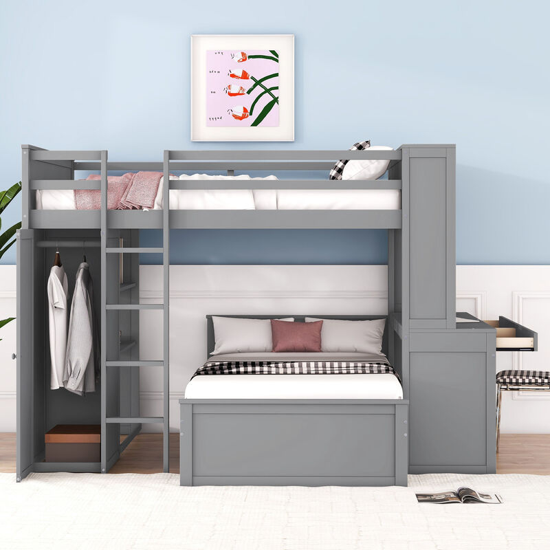 Merax Loft Bed with Storage Shelves and Wardrobe