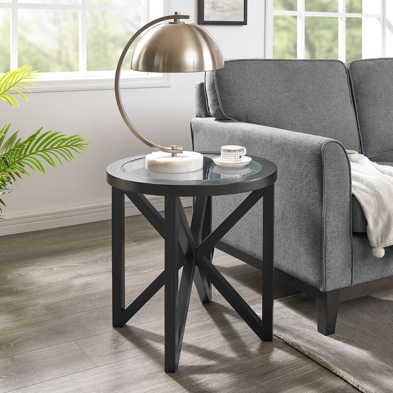 Modern Round Glass Coffee Table with Solid Wood Base for Living Room