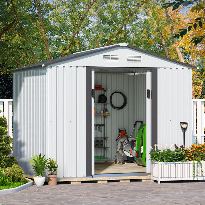 8’ x 8’ Outdoor Gable Steel Storage Shed Large Tool Organizer for Backyard Garden Furniture