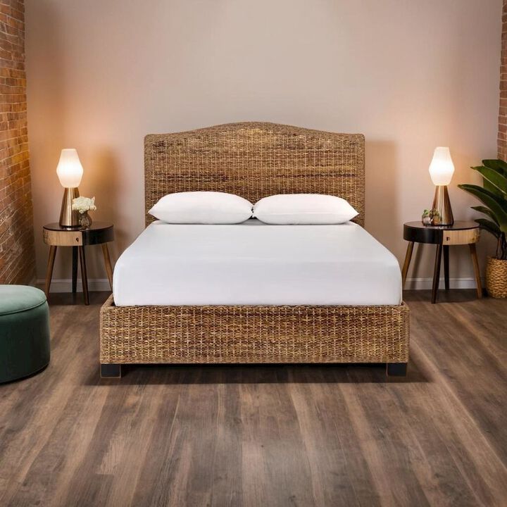 FurniFact Charming Queen Bed Frame with Arched Headboard and Natural Brown Finish