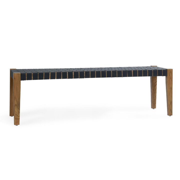 Lina Dining Bench, Brown Oak Wood, Charcoal Gray Polyester, 60 Inch - Benzara