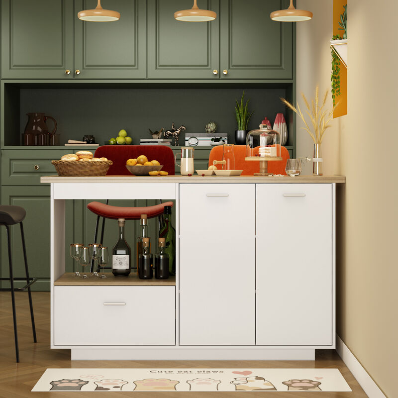 White/Oak Wood 59.1 in. W Kitchen Island Dining Table With Adjustable Shelves and Drawer