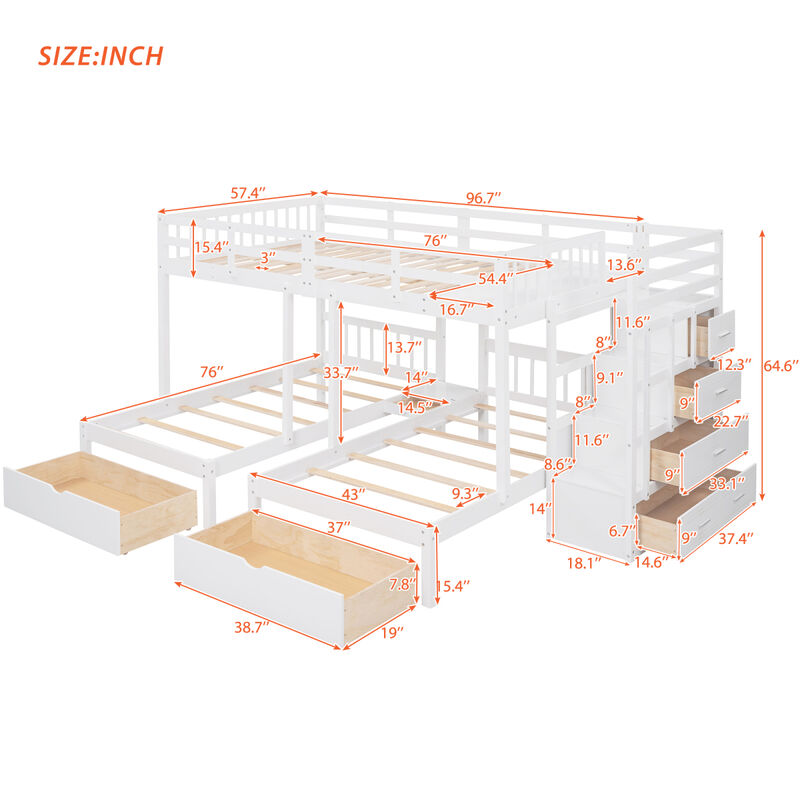 Full Over Twin & Twin Bunk Bed, Wood Triple Bunk Bed With Drawers And Guardrails