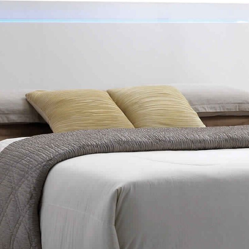 Leatherette Eastern King Bed with LED Panel Headboard and Chrome Legs,White-Benzara