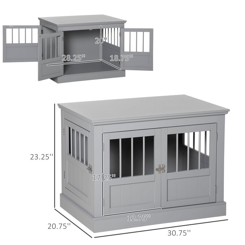 Pewter Gray Pet Furniture: Wooden Dog Crate End Table with 3 Doors