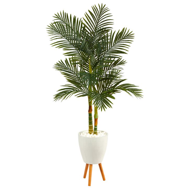 Hivvago 70 Inches Golden Cane Artificial Palm Tree in White Planter with Stand