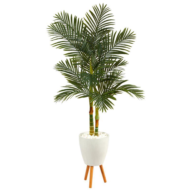 Hivvago 70 Inches Golden Cane Artificial Palm Tree in White Planter with Stand