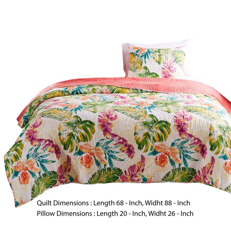 Aulne 2 Piece Twin Quilt Set with Leaf Print, Multicolor - Benzara