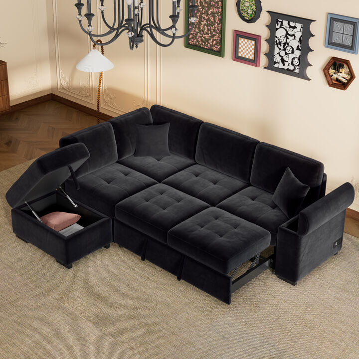 L-Shaped Sleeper Sofa with Storage Ottoman & USB Charge