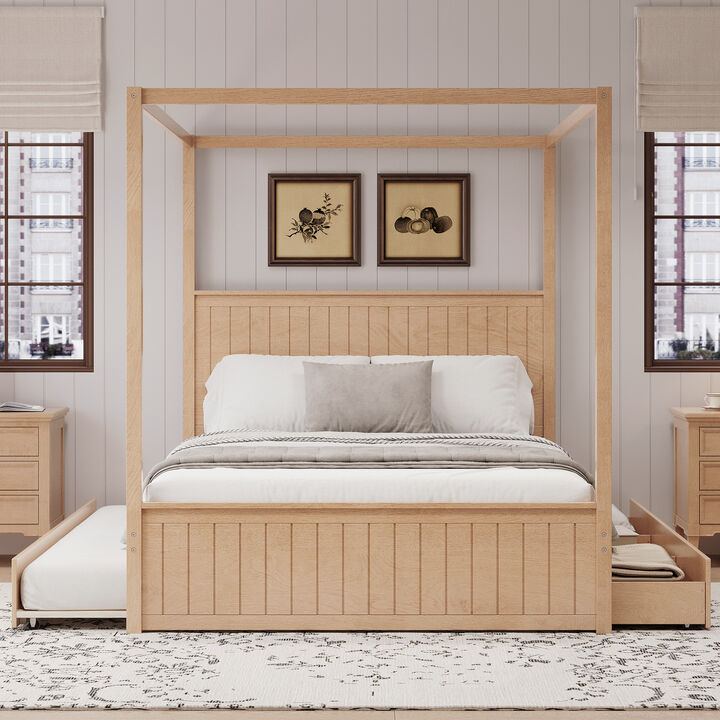 Merax 4-Post Canopy Platform Bed with Trundle and 3 Drawers