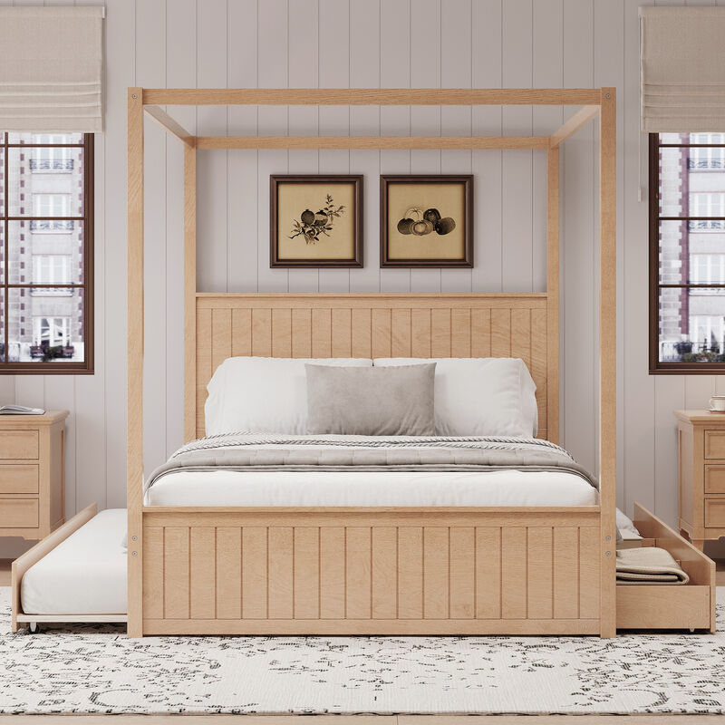 Merax 4-Post Canopy Platform Bed with Trundle and 3 Drawers