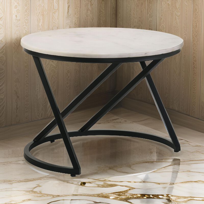 24 Inch Accent Coffee Table, White Marble Top, C Base, Black Metal Finish - Benzara