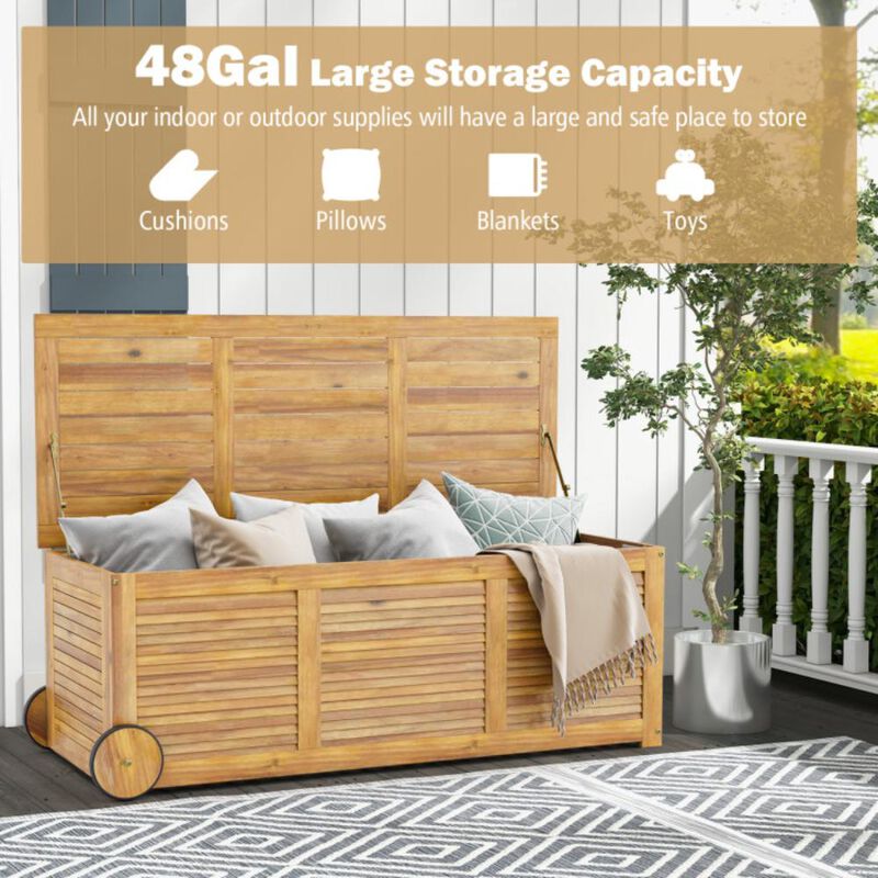 Hivvago Rolling Patio Wooden Deck Box with 2 Wheels and Side Handle for Outdoor