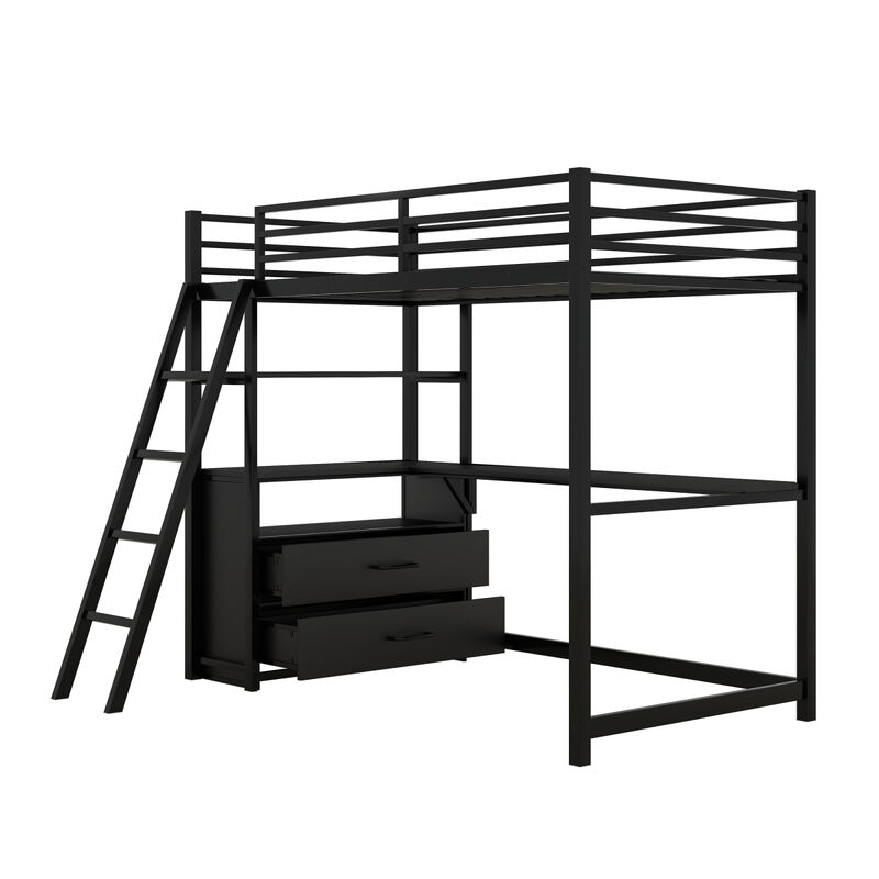 Twin Size Metal&Wood Loft Bed With Desk And Shelves, Two Built-In Drawers