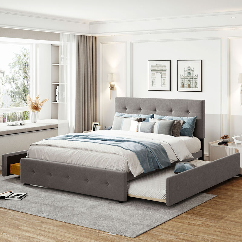 Merax Upholstered Platform Bed with 2 Drawers and 1 Twin XL Trundle