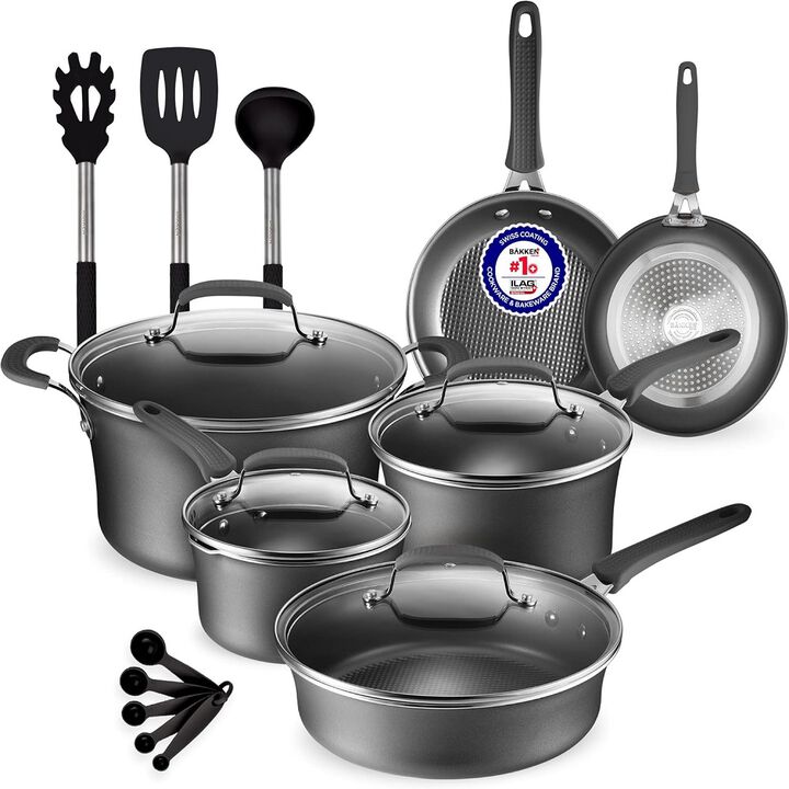 Pots and Pans Set – 14 Piece – Non-Stick Professional Home Kitchenware – Cooking Pots with Lids – Skillet Fry Pans – Suitable for Gas, Electric, Ceramic and Induction Counter Cooktops - Black