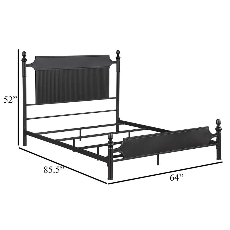 Dei Queen Size Bed, Classic Ribbed Panel Headboard, Black Metal Frame - Benzara