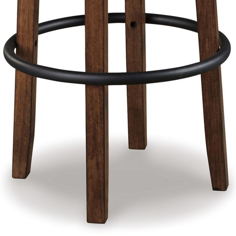 Zane 30 Inch Swivel Barstool, Round Cushioned Seat, Rich Brown Wood Frame-Benzara