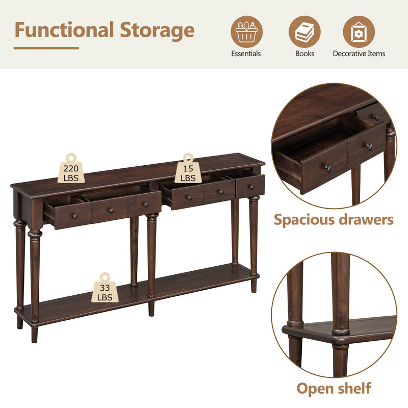 Gewnee Retro Console Table with 4 Drawers and Open Shelf