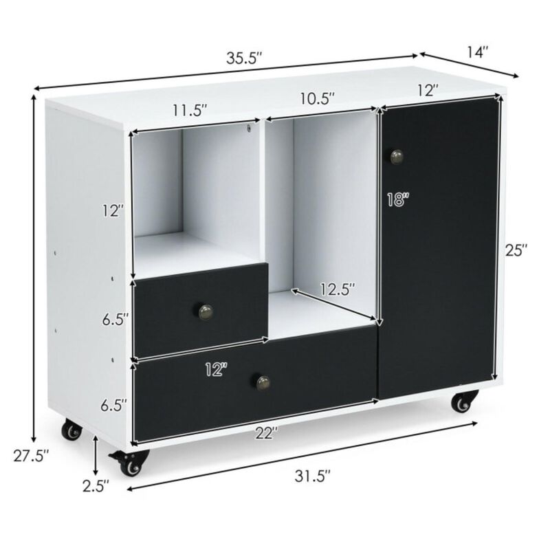 Hivvago Lateral Mobile Filing Cabinet with 2 Drawers-Black