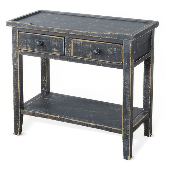 Rena Side End Table, 2 Drawers 1 Shelf, 28 Inch Rustic Black Mahogany - Benzara