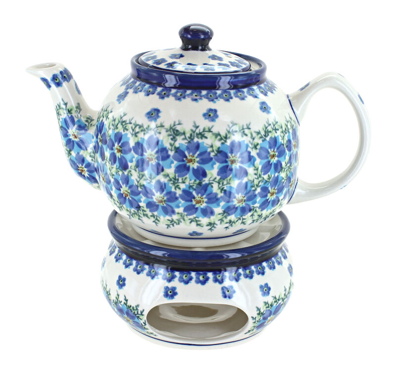 Blue Rose Polish Pottery Flowering Peacock Teapot with Warmer