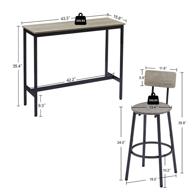 Bar Table Set With 2 Bar Stools PU Soft Seat With Backrest, 43.31" L X 15.75" W X 35.43"