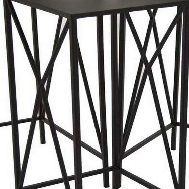 Hyan Modern Plant Stand Side Table Set of 3, Crossed Black Metal Frame - Benzara