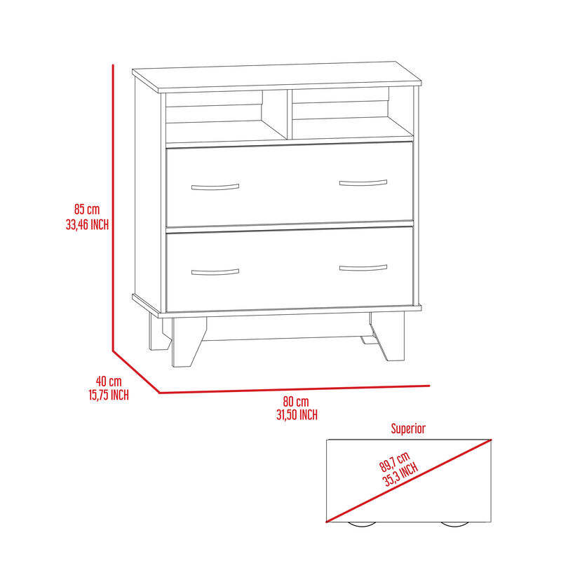 DEPOT E-SHOP Stamford Two Drawer Dresser, Four Legs, Two Open Shelves, Superior Top, Black