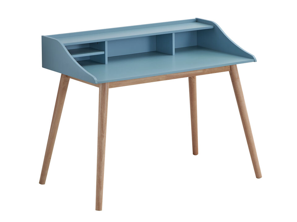 Mid-Century Modern Wood Writing Desk with Hutch, Blue
